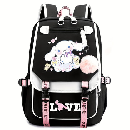 Sanrio for kuromi Backpack - Cute Cartoon Laptop Bag with Pink Bows, Large Capacity Travel Backpack for Women, Durable Polyester Lining, Multiple Compartments, Black/White, Backpack for Travel, Casual Daypack, Playful Design,