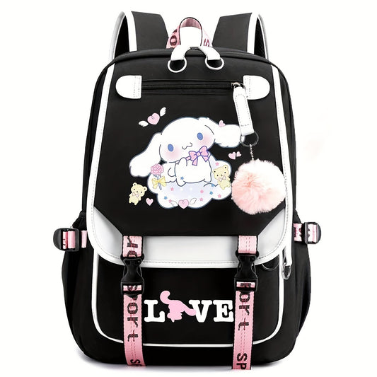 Sanrio for kuromi Backpack - Cute Cartoon Laptop Bag with Pink Bows, Large Capacity Travel Backpack for Women, Durable Polyester Lining, Multiple Compartments, Black/White, Backpack for Travel, Casual Daypack, Playful Design,