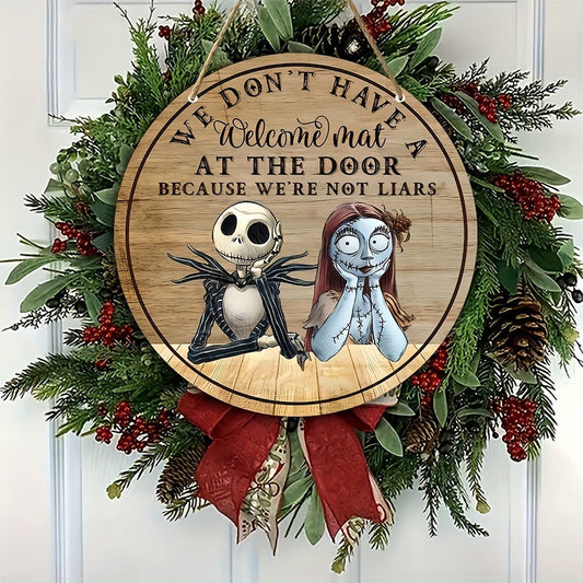 1pc Disney The Nightmare Before Christmas Jack & Sally Metal Sign - 8-Inch Round Rustic Welcome Door Decor with "We Don't Have a Mat" Humorous Quote, Weather-Resistant Indoor/Outdoor Wall Art for Halloween, Christmas, Thanksg SS69