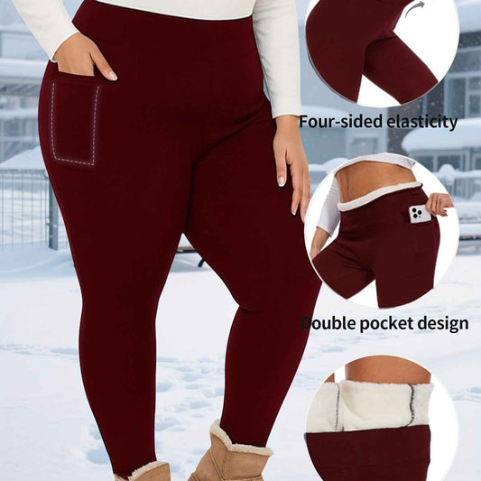 Plus Size, Women's Thermal Full-Length Leggings with Pockets - High-Elasticity Snug-Fit Pants for Winter Warmth, Solid Color Casual Wear Suitable for Home,, & Outdoor