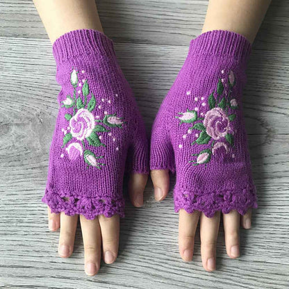 Short Fingerless Elastic Flower Bee Embroidered Knit Gloves Autumn Winter Coldproof Warm Gloves