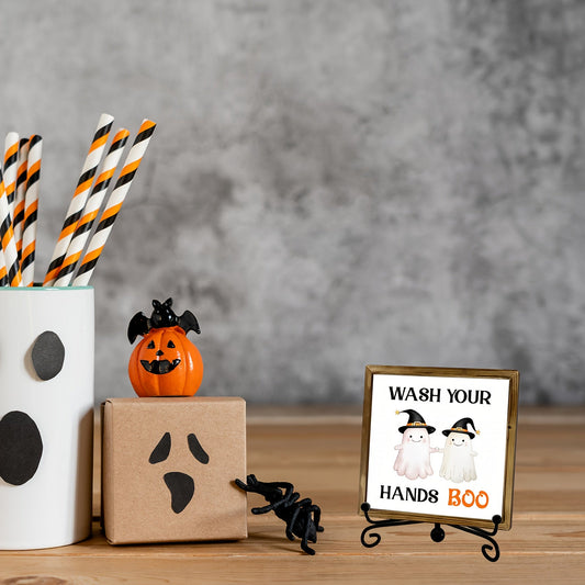 [Spooky Halloween Decor] 1pc Halloween Bathroom Door Decor - Spooky Wash Your Hands Boo Decoration with Cute Witch Hat Ghosts, Rustic Wooden Plaque with Metal Hooks for Indoor/Outdoor Hanging - Cheerful Holiday Design, Durabl SS69