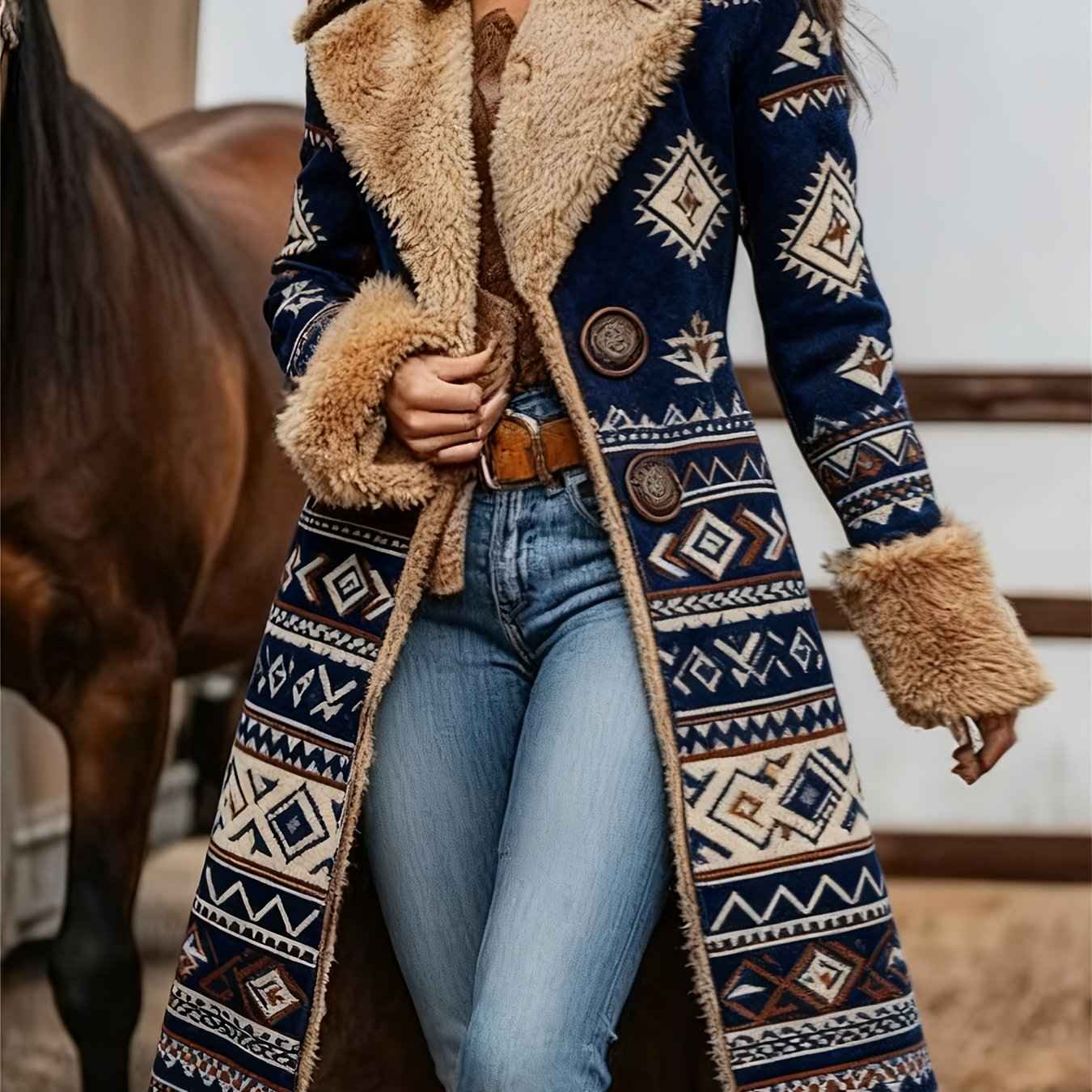 Women's Western Retro Style Winter Warm Coat - Western Print Jacket with Collar, Machine Washable Outerwear for Fall & Winter, Non-Stretch Blazer for Casual or Dressy Outfits