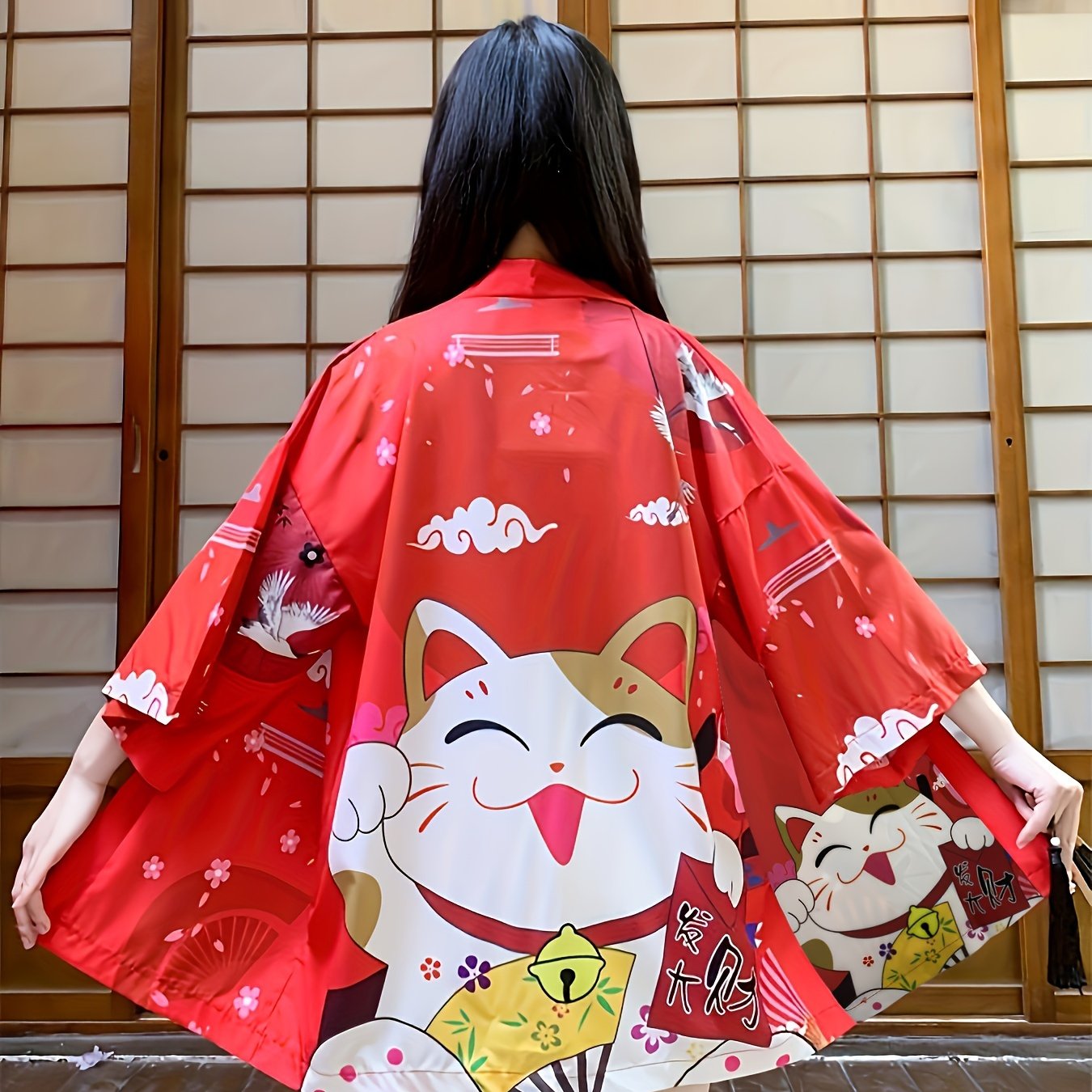[Costume Delight] Anime Cosplay Kimono Cardigan - Lucky Cat & Festive Motifs, Lightweight Polyester, 3/4 Sleeve, Open Front Shawl - Ideal for Spring/Summer, Sun Protection, Halloween & Christmas Costumes SS69 18.69 【Red】 / Asian One-size