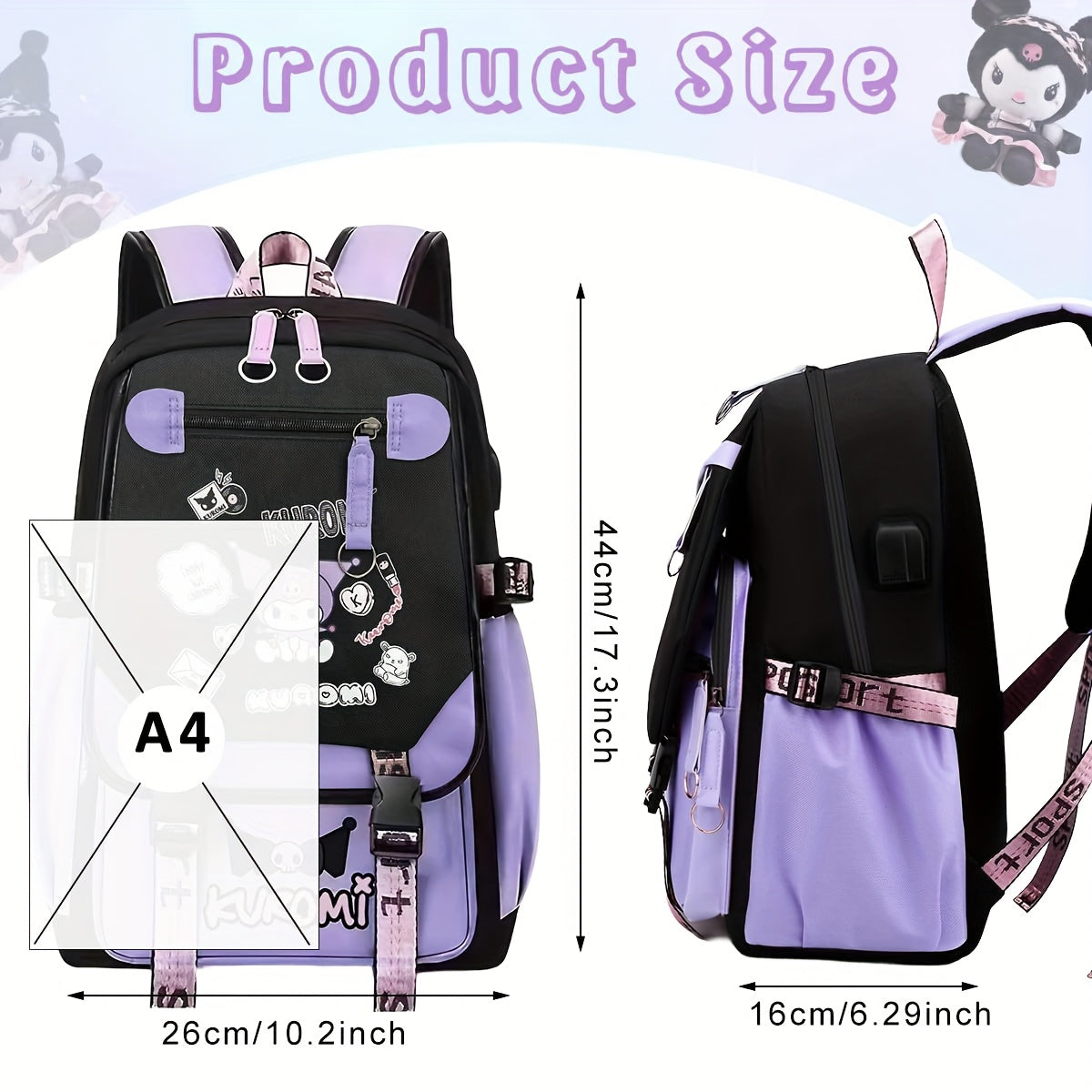 [Sanrio Licensed]Cute for kuromi School Bag for kuromi Backpack Suitable For Boys And Girls, Equipped With A USB Port, Comes Ultra-lightweight Outdoor Camping And Hiking Gear, Essential For Travel, Gift For Back To School Bac SS69