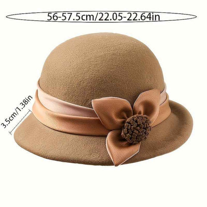 Women'S Elegant English Style Felt Hat - Lightweight Thermal Wide Brimmed Winter Bucket Hat with Brown Neckline, Soft Non-Elastic Design & Ear Flaps, All-Season Snug Fit for Weddings, Parties, New Year'S Events - Machine Wash