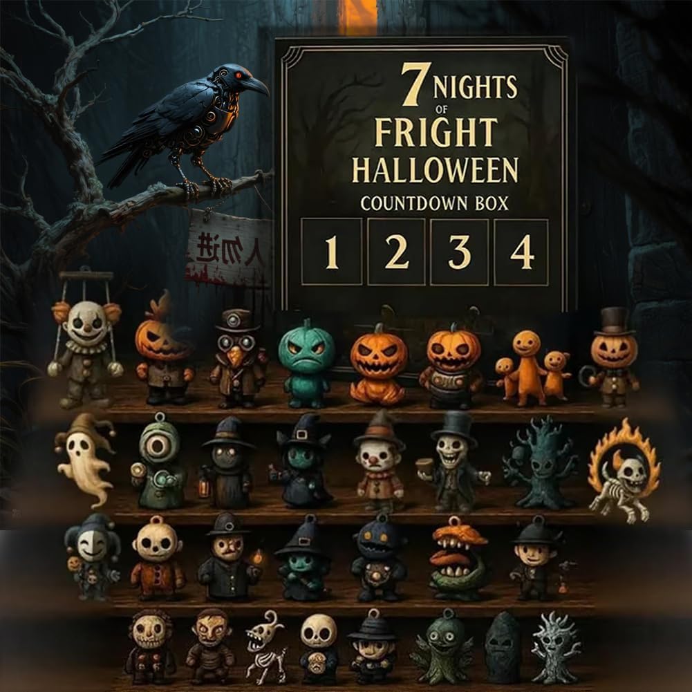 31 Nights of Fright Halloween Countdown Box with Figurines - Spooky Resin Advent Calendar, 2025 Gift Box with Hanging Charms & Mini Decorations, No Electricity Needed, Perfect for Halloween Party Favors, Halloween Decorations SS69