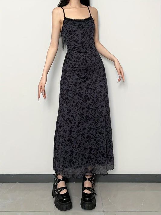 [Vintage Floral Dress] Floral Mesh Patchwork Long Dress - Slim Fit Vintage Style for Japanese and Korean Street Fashion SS69