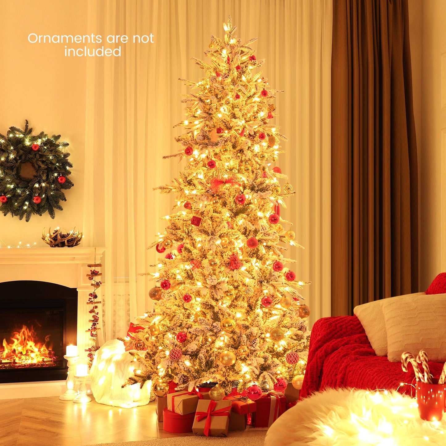 COSTWAY 6/7.5 FT Pre-Lit Artificial Christmas Tree, Snow-Flocked Hinged Xmas Tree w/ 715/1107 Branch Tips, Natural Pinecones, 210/350 Warm-White Incandescent Lights, Metal Stand, Xmas Holiday Office Home Decor SS69