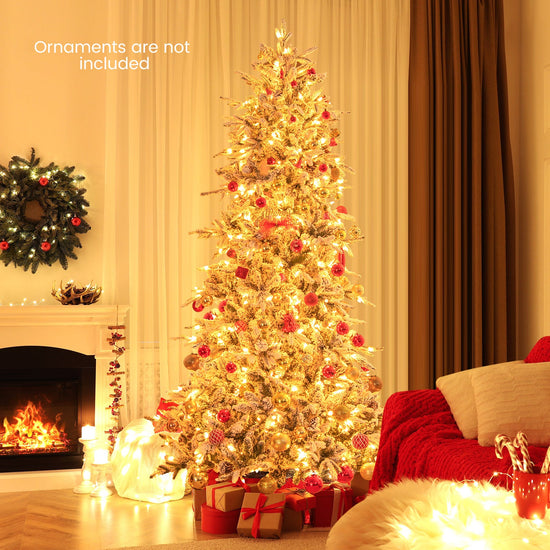 COSTWAY 6/7.5 FT Pre-Lit Artificial Christmas Tree, Snow-Flocked Hinged Xmas Tree w/ 715/1107 Branch Tips, Natural Pinecones, 210/350 Warm-White Incandescent Lights, Metal Stand, Xmas Holiday Office Home Decor SS69