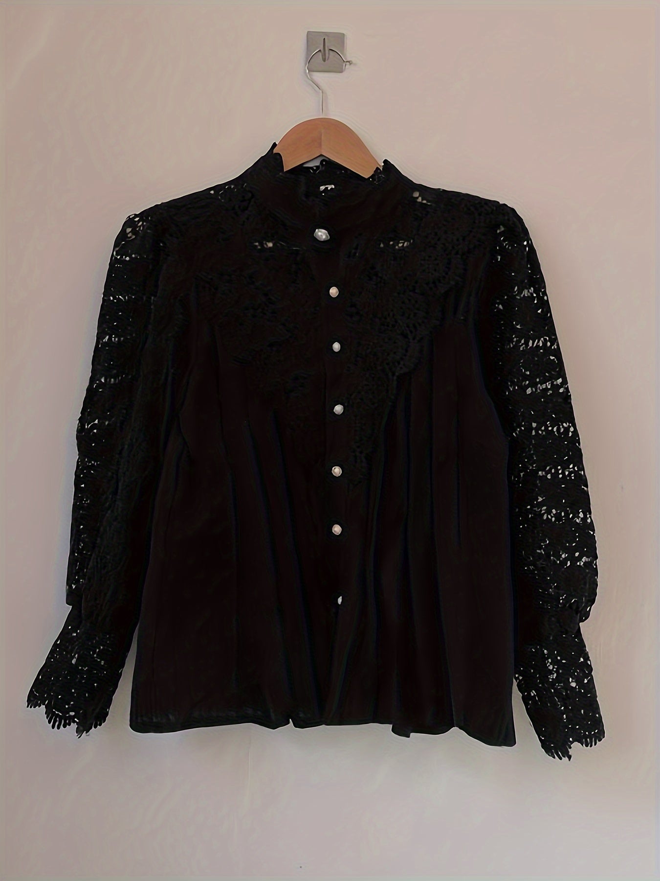 [Pearl Button Blouse] Pearl Button Elegant Victorian-Inspired Lace Blouse - Long Sleeve Mock Neck Green Polyester Pleated Design for Women, Perfect for Halloween Cosplay & Gothic Fashion SS69