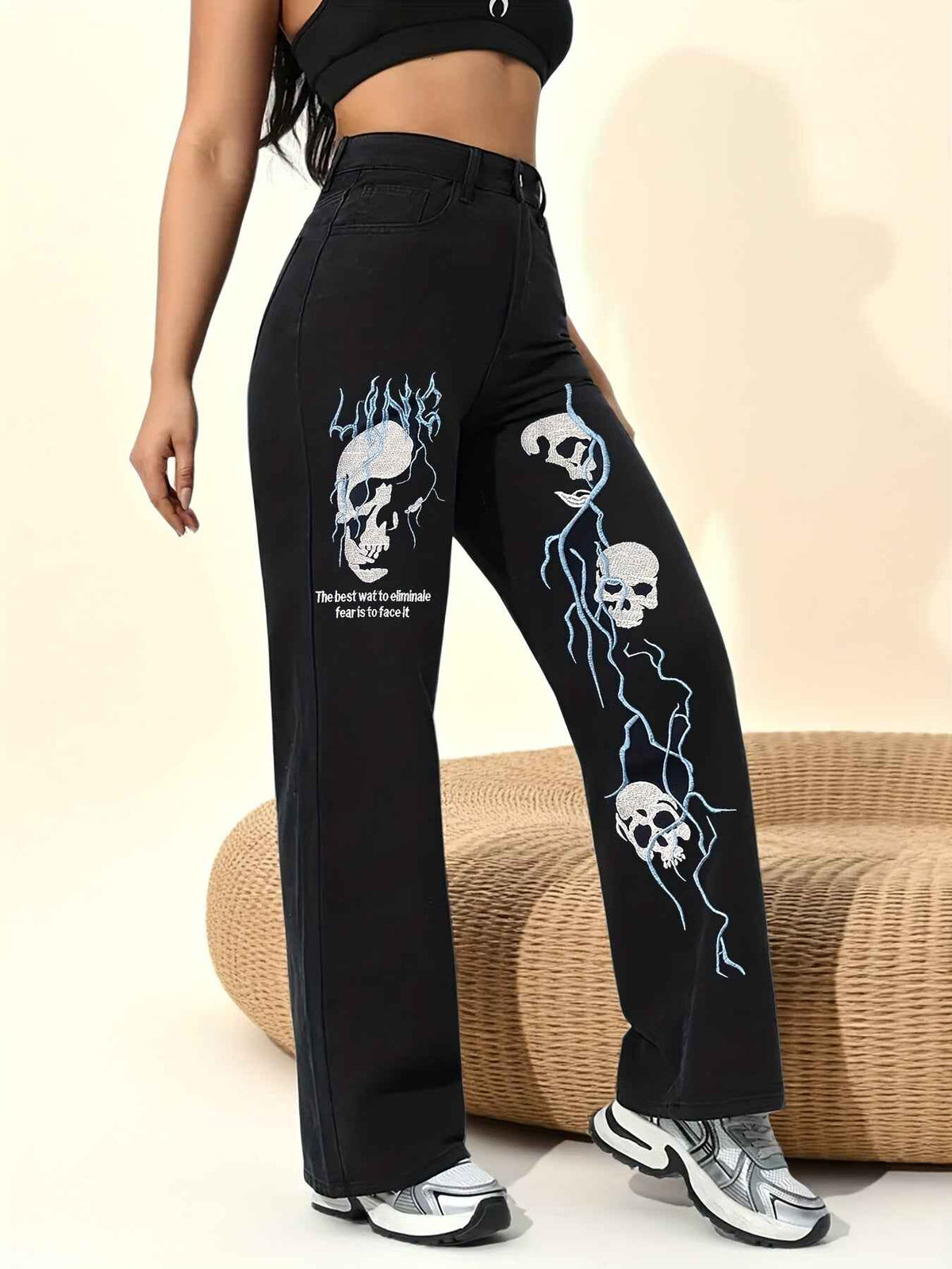 Women's High-Waisted Wide-Leg Jeans with Gothic Skull & Bone Embellishments - Black & White Stretch Pants, All-Season Casual Streetwear, /Edgy Outfits (Machine Washable) - Loose Fit Trousers with Pockets