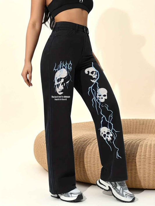 Women's High-Waisted Wide-Leg Jeans with Gothic Skull & Bone Embellishments - Black & White Stretch Pants, All-Season Casual Streetwear, /Edgy Outfits (Machine Washable) - Loose Fit Trousers with Pockets