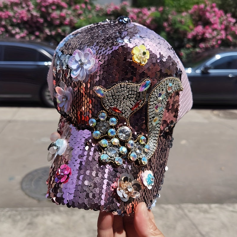 [Anime Baseball Cap] Anime Theme Women's Fashion Baseball Cap - Breathable Mesh, Adjustable Fit, Rhinestones and Floral Embellishments, Hot-stamping Craftsmanship, Sparkling Sequin Duckbill Hat, Carnival/Mardi Gras/Masquerade SS69