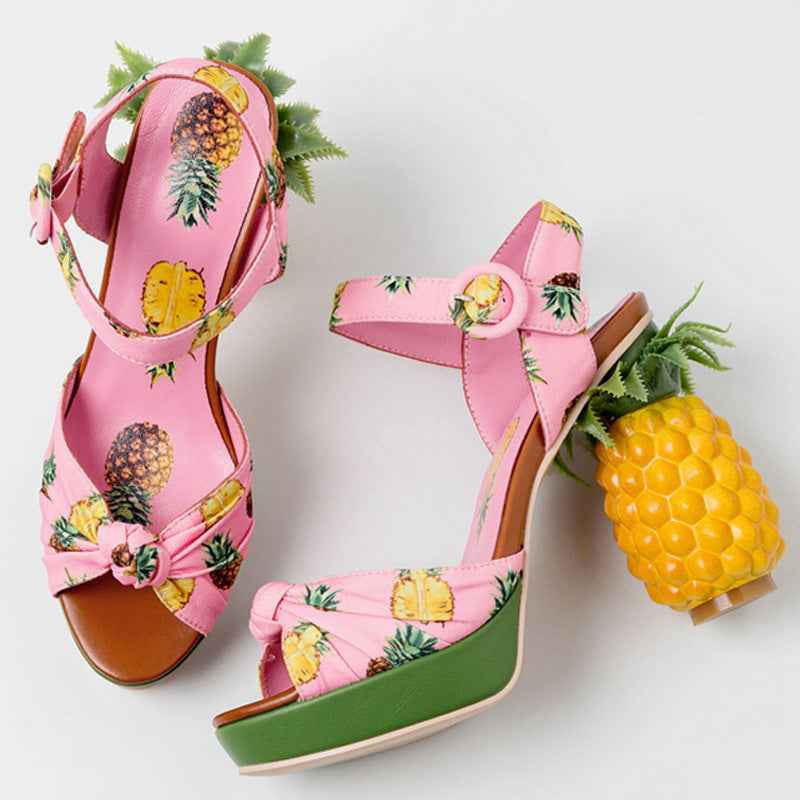 Women's Pineapple Print Platform Sandals - Thick Sole Super High Heels with Ankle Strap Closure, Open-Toe Summer Party Shoes in Pink & Green, Durable Fabric Upper & Rubber Sole for Dressy Occasions, Beachwear, Themed Events -