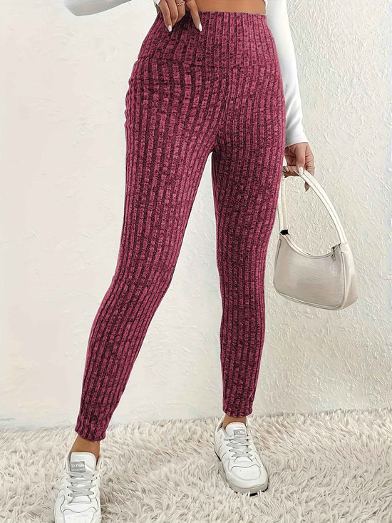 1pc Plus Size High Waist Solid Color Knit Leggings, Casual Stretchy Slimming Tights for Women, Polyester Knitted Fabric, Autumn/Winter Season