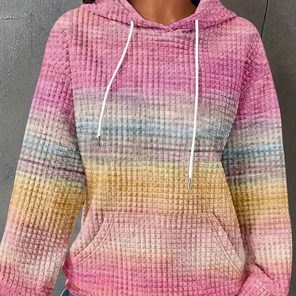 [Plus Size Hooded Sweatshirt] Plus Size - Plus Size - Plus Size - Plus Size - Women's Plus Size Hooded Sweatshirt - Pastel Rainbow Striped Pullover with Drawstring Hood, Soft Stretchy Fabric, Side Pockets - Cozy Fall/winter S