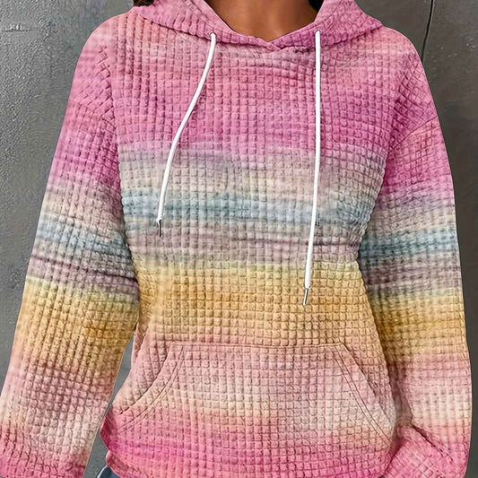 [Plus Size Hooded Sweatshirt] Plus Size - Plus Size - Plus Size - Plus Size - Women's Plus Size Hooded Sweatshirt - Pastel Rainbow Striped Pullover with Drawstring Hood, Soft Stretchy Fabric, Side Pockets - Cozy Fall/winter S