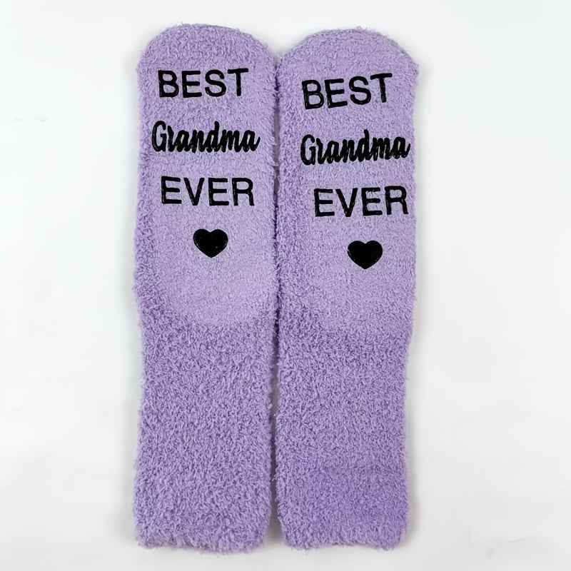 1 Pair Purple Mid-Calf Winter Warm Anti-Slip Knitted Socks with "BEST Grandma EVER" Letter Print, Perfect Gift for Birthdays, Retirement, and Parents