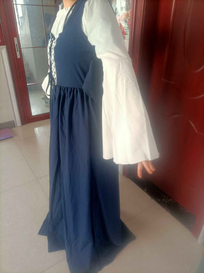 [Elegant Medieval Costume] Elegant Women's Medieval Two-Piece Costume - Renaissance Drama Outfit with Corset-like Bodice & Long Flowing Skirt | Halloween, Renaissance Faire, Themed Parties | Burgundy/White, Black/White, Green