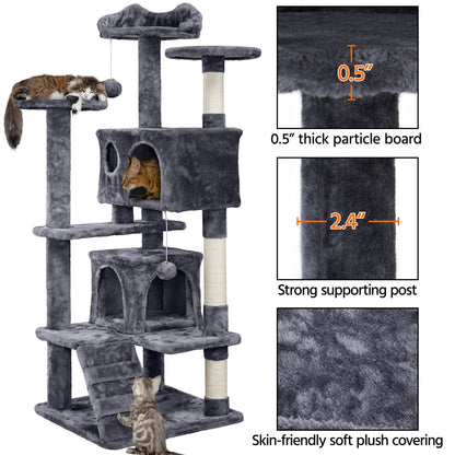 Costoffs Cat Tree 54in/70in/62in/80in/23.5in Cat Tower Condo with 2 Condos & 2 Dangling Balls & 3 Scratching Posts Large Cat House for for Kittens & Cats, Dark Gray/Light Gray/Beige/Black/Pink/Brown/Navy Blue/Green, Brown/W SS69