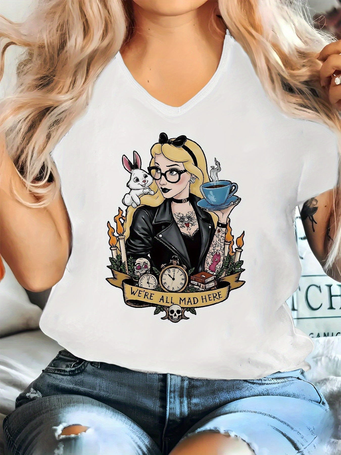 Women'S Gothic Style V-Neck T-Shirt with Alice in Wonderland Print - High-Quality Casual Short Sleeve Top, Floral Design, Perfect for Commuting & Gifting, Halloween & Christmas Horror Night Theme, Halloween Shirts SS69