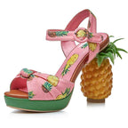 Women's Pineapple Print Platform Sandals - Thick Sole Super High Heels with Ankle Strap Closure, Open-Toe Summer Party Shoes in Pink & Green, Durable Fabric Upper & Rubber Sole for Dressy Occasions, Beachwear, Themed Events -