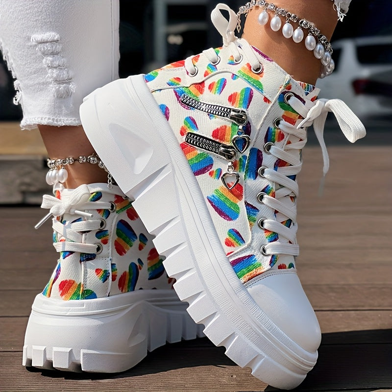 Heart Print Double Zipper Design Lace-up Sneakers SS69