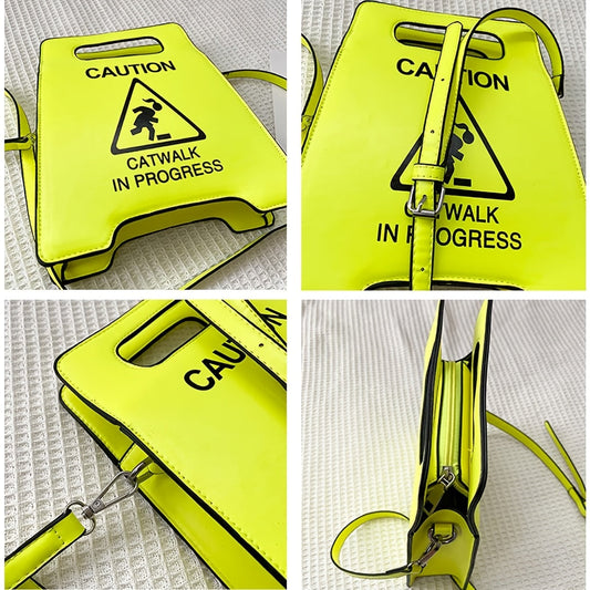 Chic Black Faux Leather Novelty Shoulder Bag - Fashionable Caution Sign Tote with Detachable Strap, Zip Closure for Women SS69