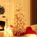 COSTWAY 6/7.5 FT Pre-Lit Artificial Christmas Tree, Snow-Flocked Hinged Xmas Tree w/ 715/1107 Branch Tips, Natural Pinecones, 210/350 Warm-White Incandescent Lights, Metal Stand, Xmas Holiday Office Home Decor SS69