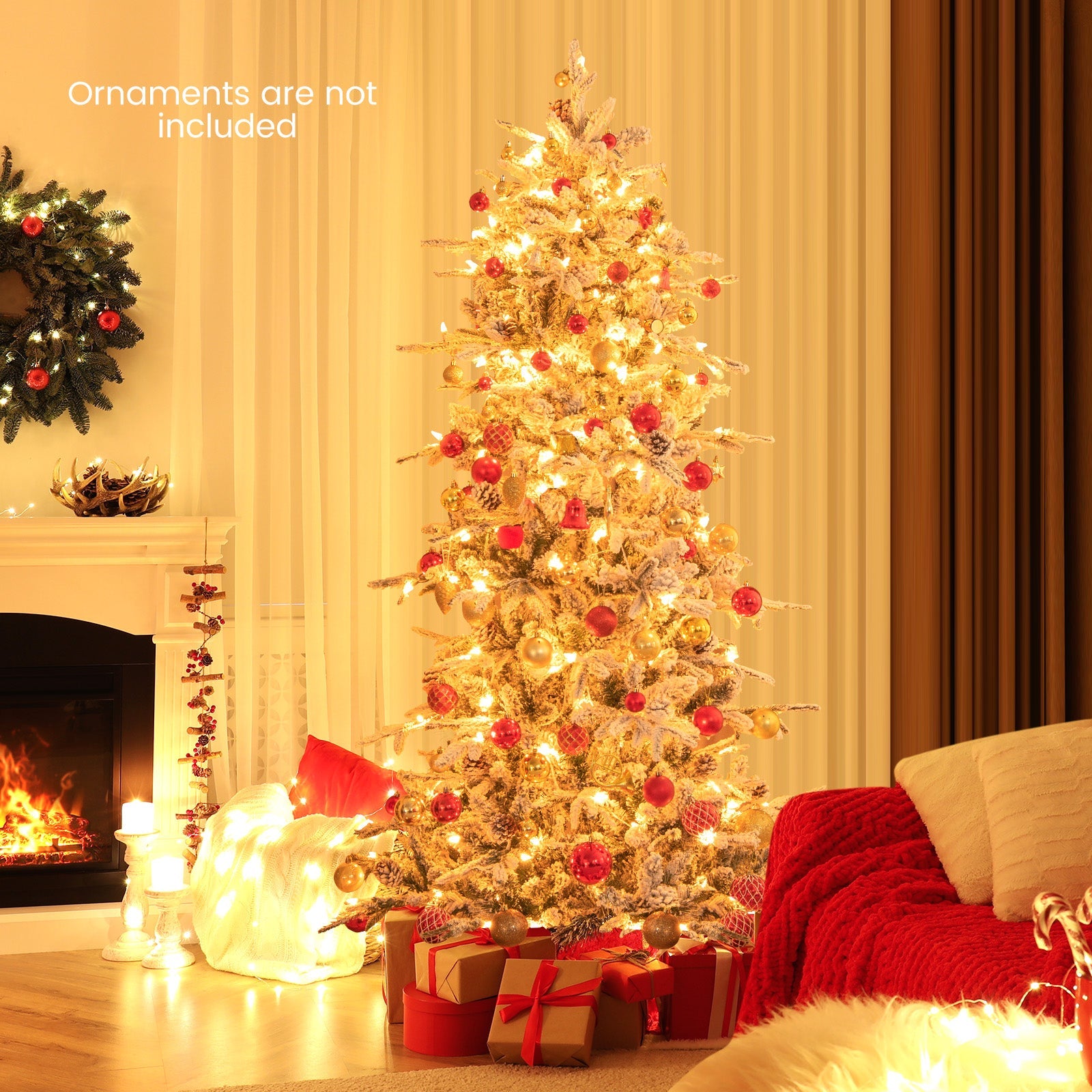 COSTWAY 6/7.5 FT Pre-Lit Artificial Christmas Tree, Snow-Flocked Hinged Xmas Tree w/ 715/1107 Branch Tips, Natural Pinecones, 210/350 Warm-White Incandescent Lights, Metal Stand, Xmas Holiday Office Home Decor SS69