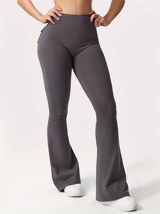 Full Of Elasticity Slim Fit Women's Pocket Yoga Pants - High Waist, Wide Legs, Solid Color, With Phone Pocket - SS69