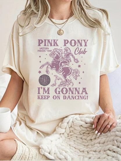 Women's Retro Western Cowgirl Graphic T-Shirt - "Pink Pony Club" Design, Short Sleeve Crew Neck, Casual & Comfortable, Perfect Gift for Friends and Family, Allseasons Top | Playful Graphic Tee | Durable Print Top, Ladies T Sh SS69