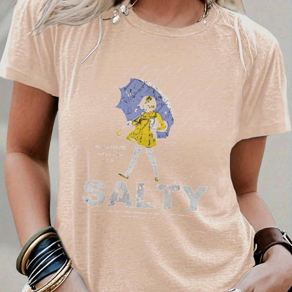 Salty with Umbrella Graphic Tee - Vintage Style Summer Beachwear for Trendy Women, Perfect for Vacation and Everyday Wear, ed T-shirt SS69 13.69 Apricot / XXL