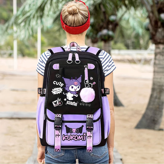 Sanrio for kuromi Backpack - Cute Cartoon Laptop Bag with Pink Bows, Large Capacity Travel Backpack for Women, Durable Polyester Lining, Multiple Compartments, Black/White, Backpack for Travel, Casual Daypack, Playful Design,