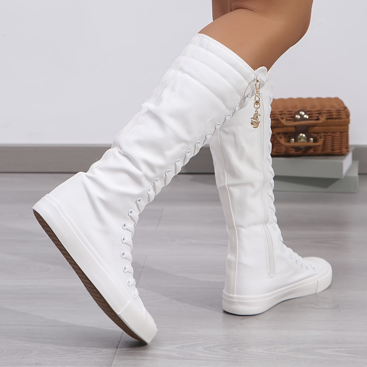 YUANBU Women'S Stylish Black Knee-High Boots with Colorful "YUANBU" Lettering - Casual Flat Sole, Side Zipper, Lightweight Sneakers for Halloween, Parties & Daily Wear, Sizes 5-12, Halloween Shoes SS69