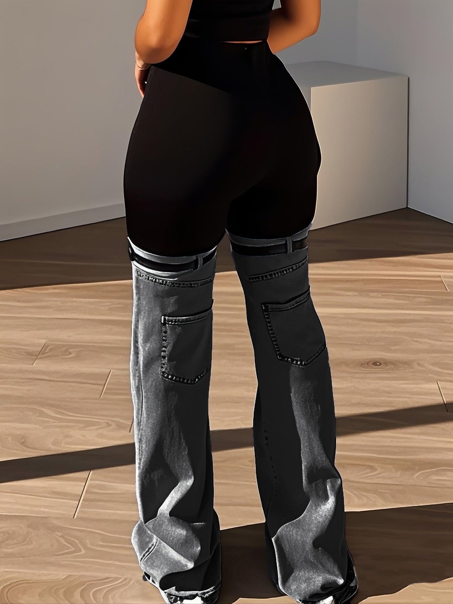 Trendy Two Tone High Elastic Waist Jeans - Women Patchwork Streetwear Style With Garter Belt Detail SS69