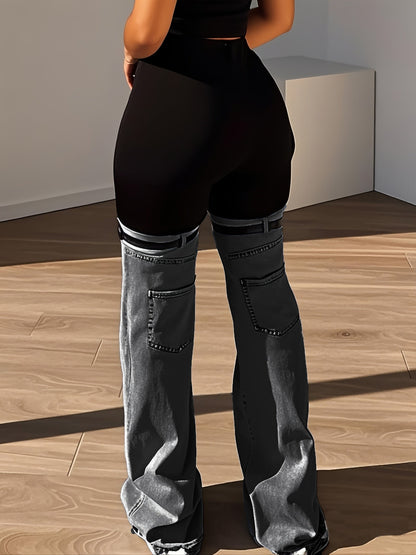 Trendy Two Tone High Elastic Waist Jeans - Women Patchwork Streetwear Style With Garter Belt Detail SS69