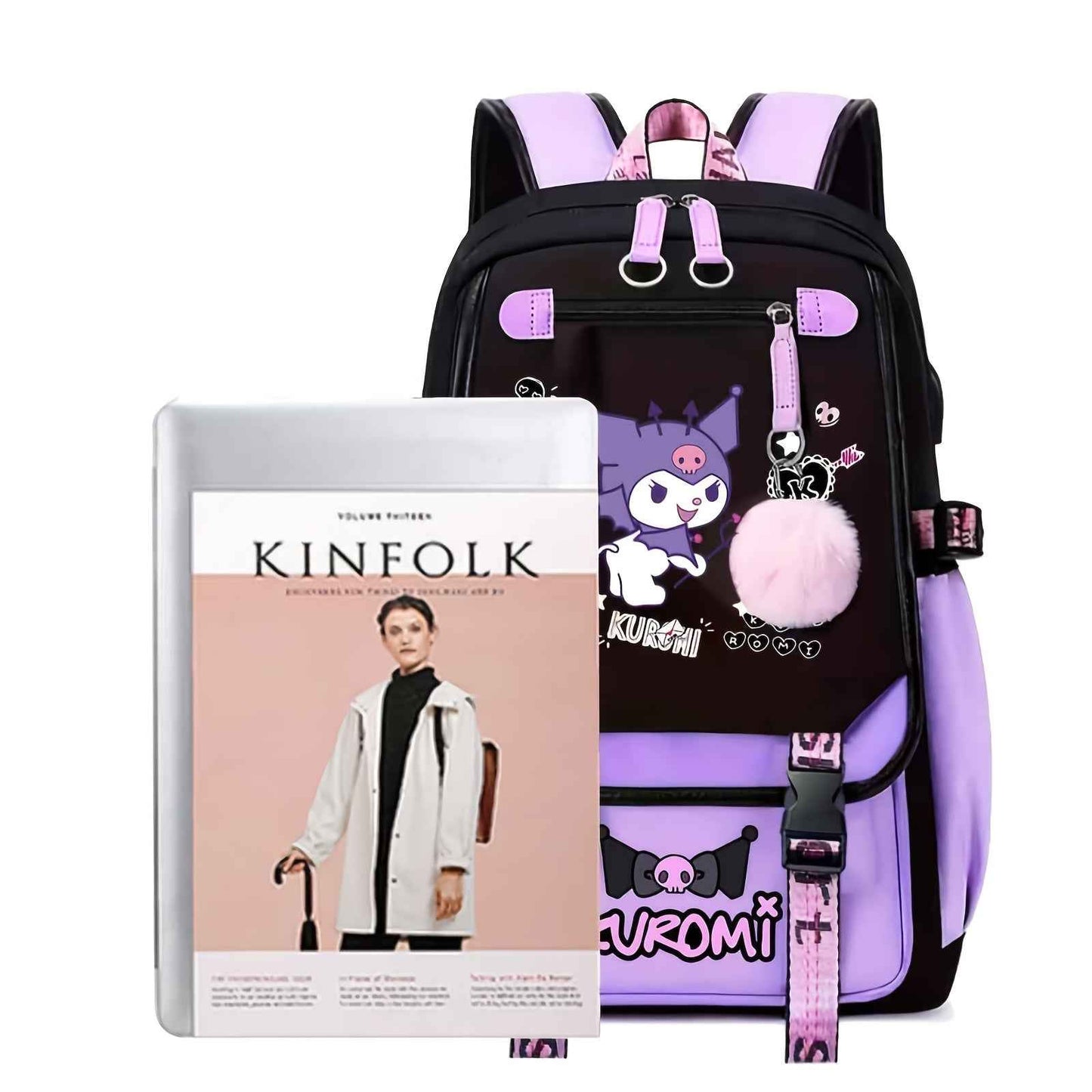 Sanrio Kuromi Canvas Backpack - Lightweight, Adjustable Straps, Zip Closure - Cute Anime Design with Plush Characters and Decorative Pins - Ideal for Students & Travel - Fits 17" Laptop - Black & Purple, Anime Accessory|Plush