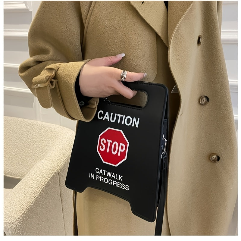 Chic Black Faux Leather Novelty Shoulder Bag - Fashionable Caution Sign Tote with Detachable Strap, Zip Closure for Women SS69 14.69 Black