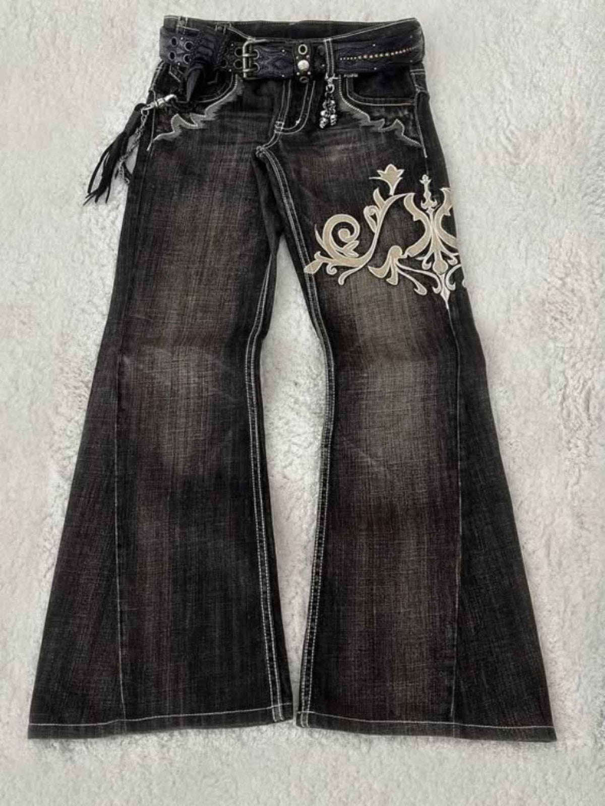 Women's Vintage Y2K Jeans - Mid-Rise Flared Pants, Washed Black Retro Leggings for 2000s Fashion Outfits, Casual & Formal Events - All-Season Jeans, Embroidered Details, Durable Fabric, Stylish Bottoms, Women, Trendy Outfit,