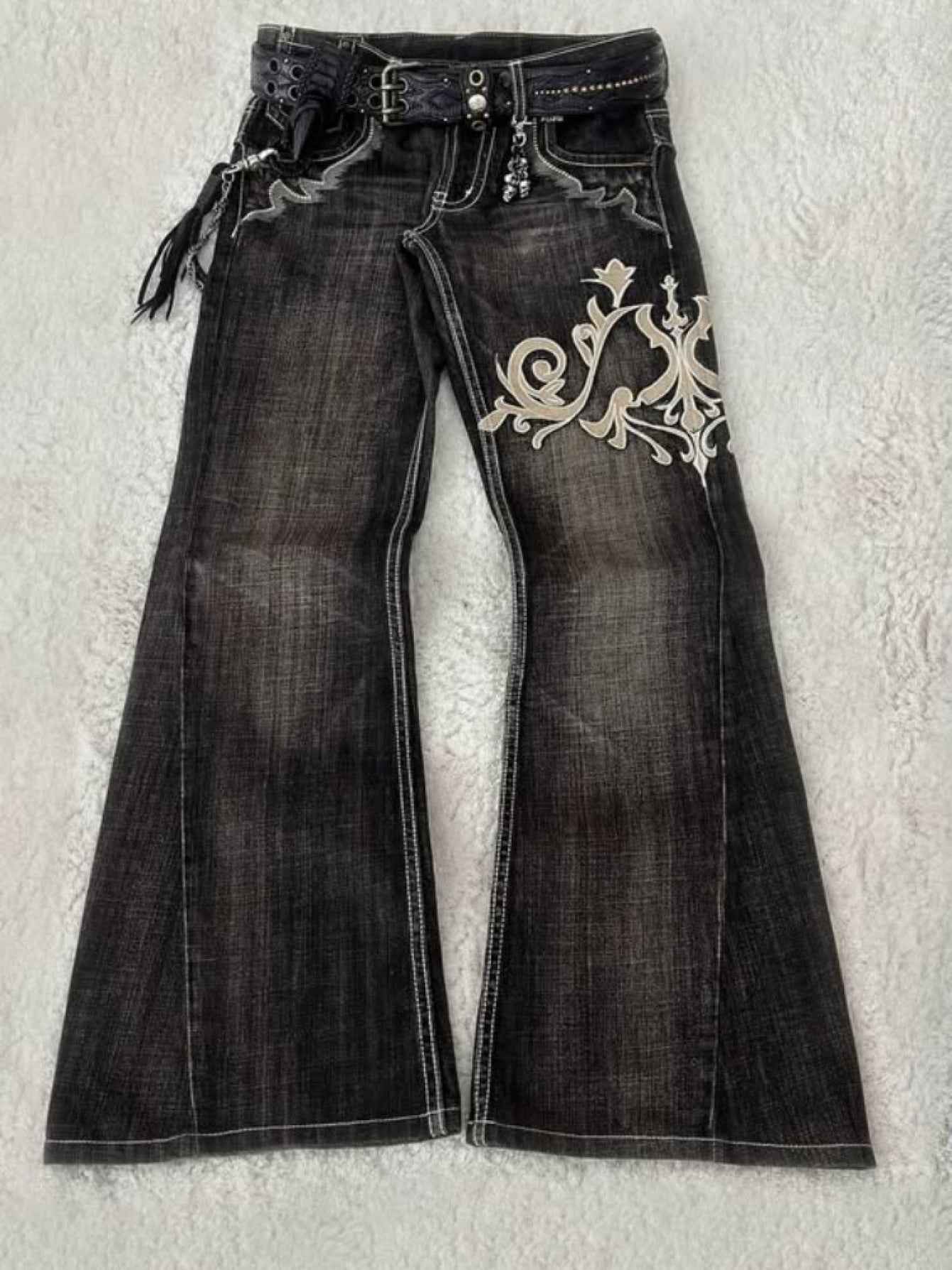 Women's Vintage Y2K Jeans - Mid-Rise Flared Pants, Washed Black Retro Leggings for 2000s Fashion Outfits, Casual & Formal Events - All-Season Jeans, Embroidered Details, Durable Fabric, Stylish Bottoms, Women, Trendy Outfit,