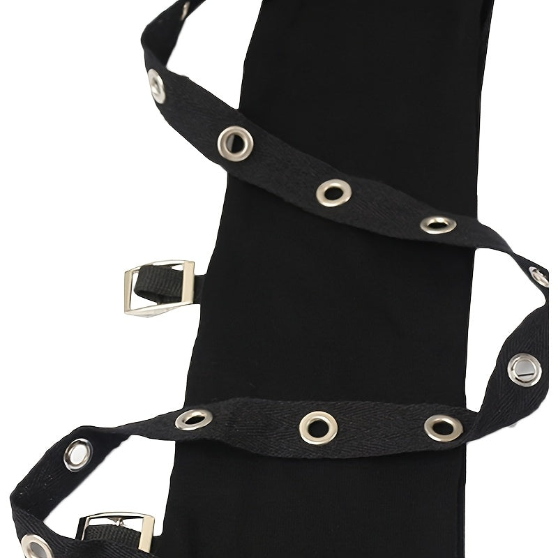 Black Fingerless Gloves - Stylish Streetwear Gothic Punk Arm Sleeves with Long Wrap Design, Polyester Knit, Perfect for Outdoor Travel, Dancing, Performances, Parties, and Cosplay SS69