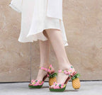 Women's Pineapple Print Platform Sandals - Thick Sole Super High Heels with Ankle Strap Closure, Open-Toe Summer Party Shoes in Pink & Green, Durable Fabric Upper & Rubber Sole for Dressy Occasions, Beachwear, Themed Events -
