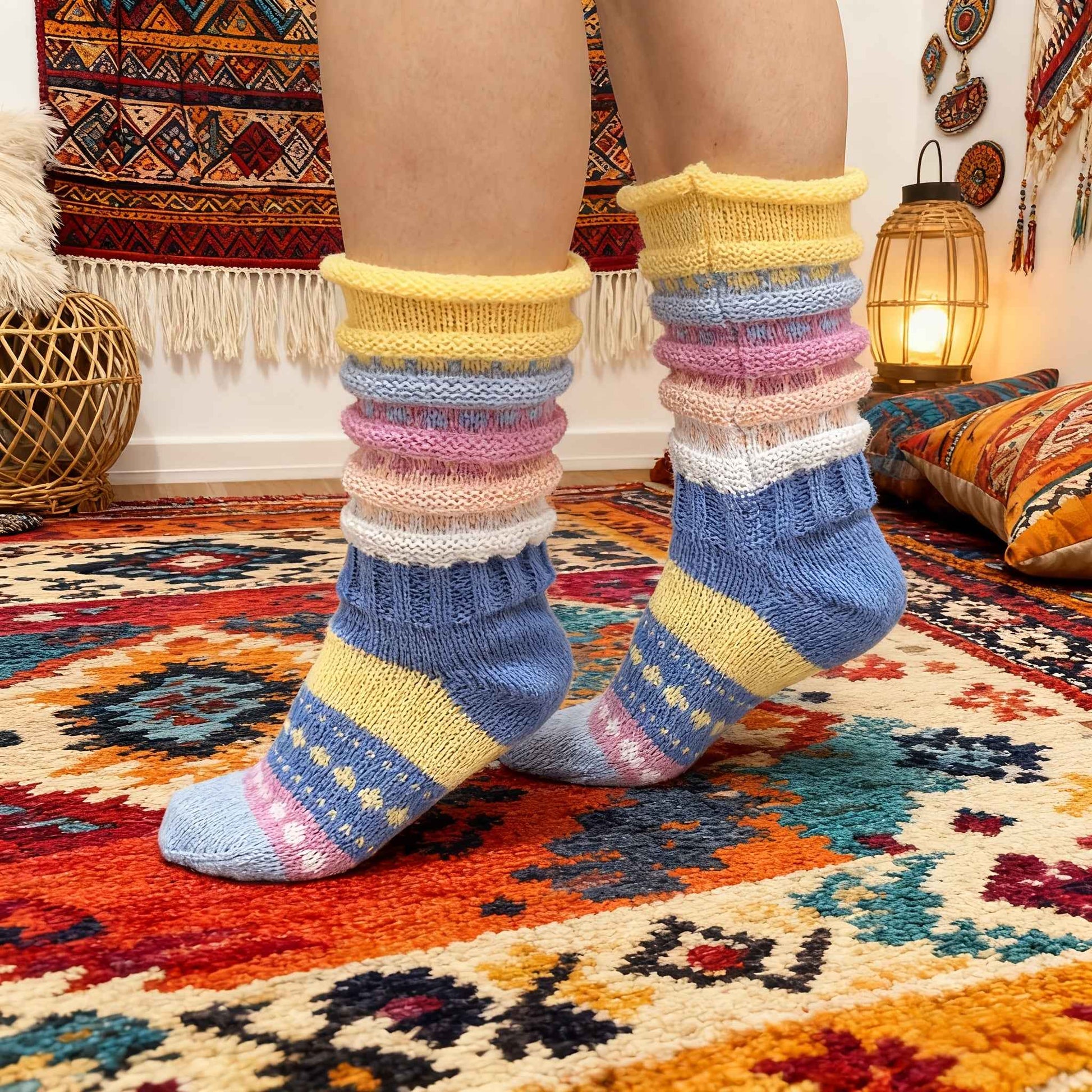 A Pair of Ins-Style Winter Women's Colorful Striped Crew Socks, Cross-Border Women's Mid-Calf Warm Color-Block Floor Socks, Cozy Footwear, Trendy Socks, Insstyle Fashion, Hand Wash Care, Durable Stitching, Women's Socks, Crew