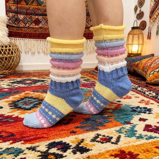A Pair of Ins-Style Winter Women's Colorful Striped Crew Socks, Cross-Border Women's Mid-Calf Warm Color-Block Floor Socks, Cozy Footwear, Trendy Socks, Insstyle Fashion, Hand Wash Care, Durable Stitching, Women's Socks, Crew
