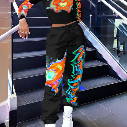[Vibrant Y2K-Inspired Activewear Set] Vibrant Y2K-Inspired Heart & Letter Print Activewear Set - Long Sleeve Crop Top & Drawstring Joggers, Polyester/Spandex Blend, Perfect for Daily Fitness & Outdoor Fashion - SS69