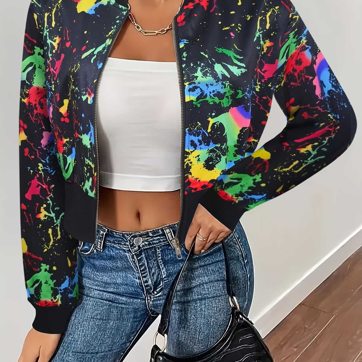 Casual Graffiti Print Long Sleeve - Bomber Jacket Zip Up Outerwear, Women's Clothing SS69 18.69 Mixed Color / XL