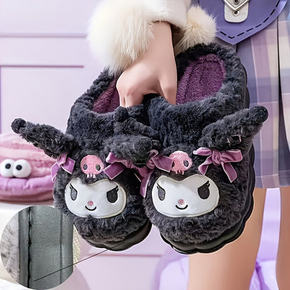 1 Pair Sanrio Hello Kitty Kuromi Women's Plush Slippers - Cute Character Design with Bows, Soft Fabric Upper & Lining, Non-Slip PVC Sole, Warm Winter Indoor House Shoes for Women, Playful Design, Comfortable Footwear SS69