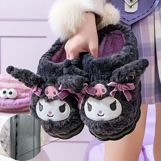 1 Pair Sanrio Hello Kitty Kuromi Women's Plush Slippers - Cute Character Design with Bows, Soft Fabric Upper & Lining, Non-Slip PVC Sole, Warm Winter Indoor House Shoes for Women, Playful Design, Comfortable Footwear SS69